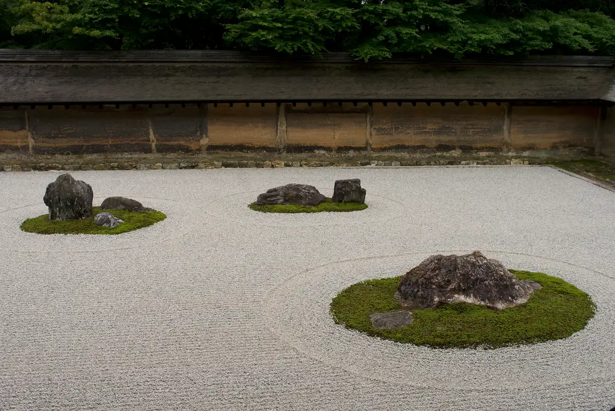 Japanese Zen garden with raked gravel, moss islands and rocks